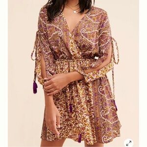 Anthropologie x RAGA Evanna Slit Sleeve Boho Floral Tassel Mini Dress